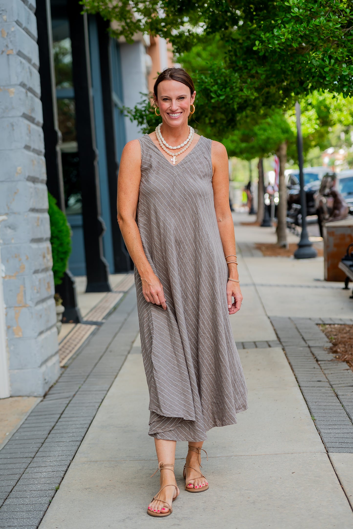 Mallorca Striped Linen Dress-Mocha/White