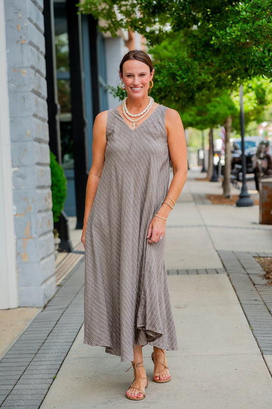 Mallorca Striped Linen Dress-Mocha/White