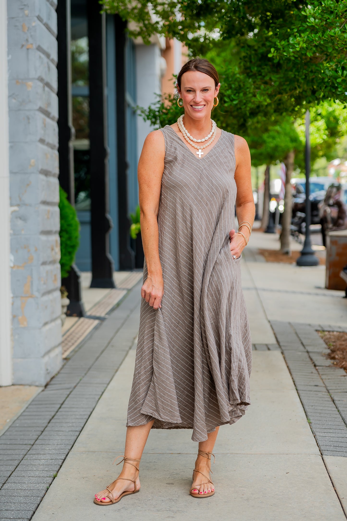 Mallorca Striped Linen Dress-Mocha/White