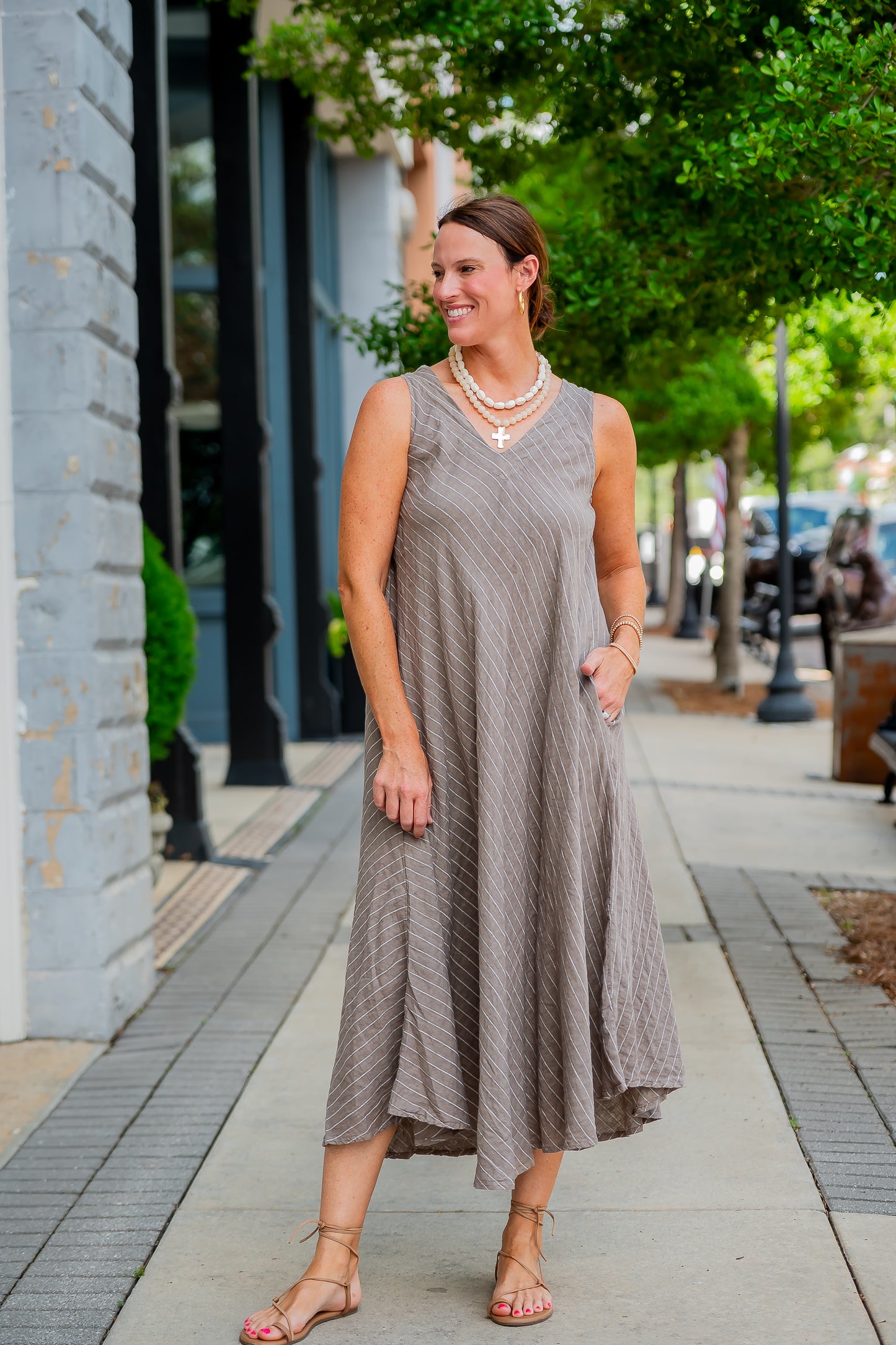 Mallorca Striped Linen Dress-Mocha/White