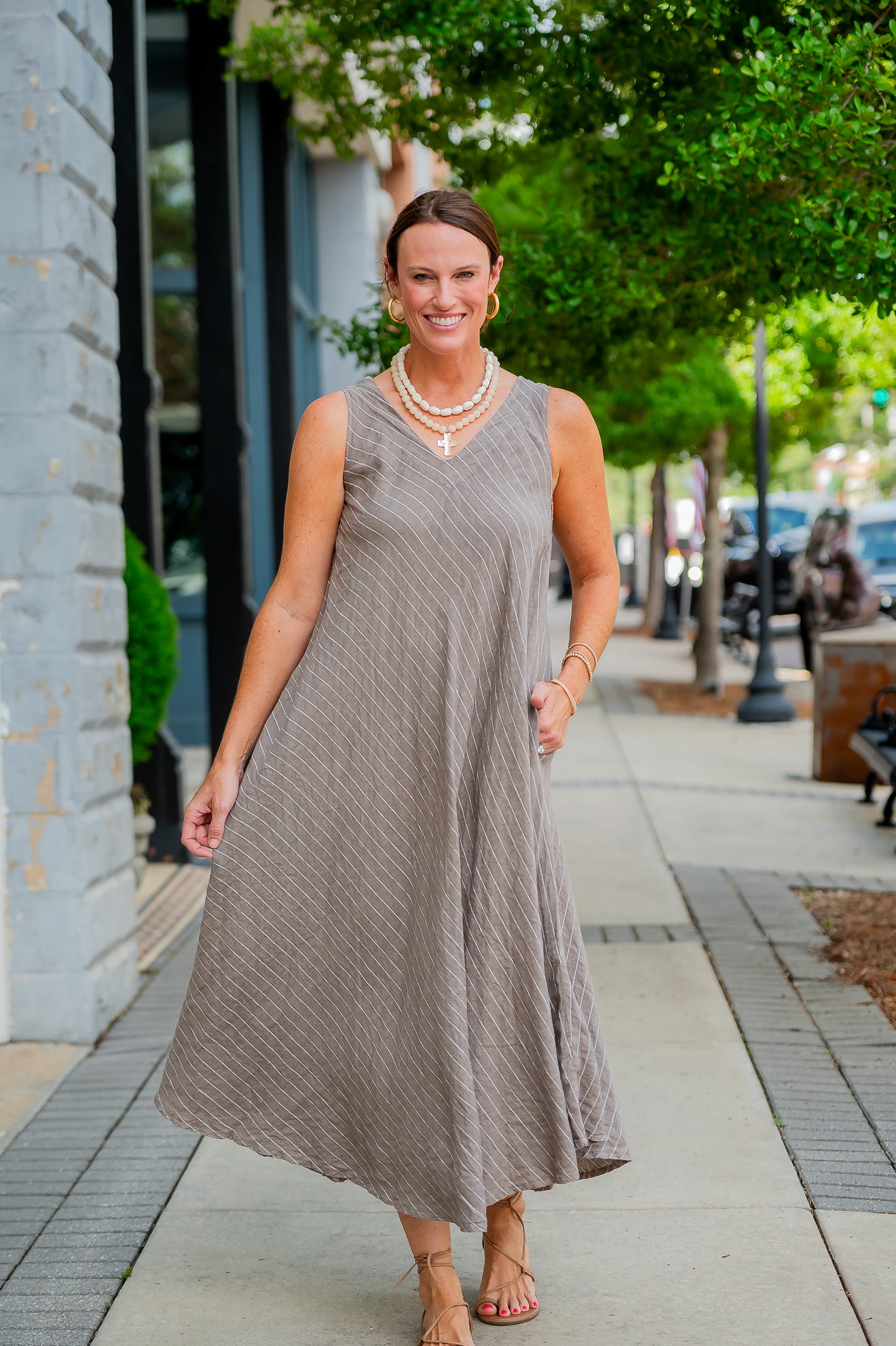 Mallorca Striped Linen Dress-Mocha/White