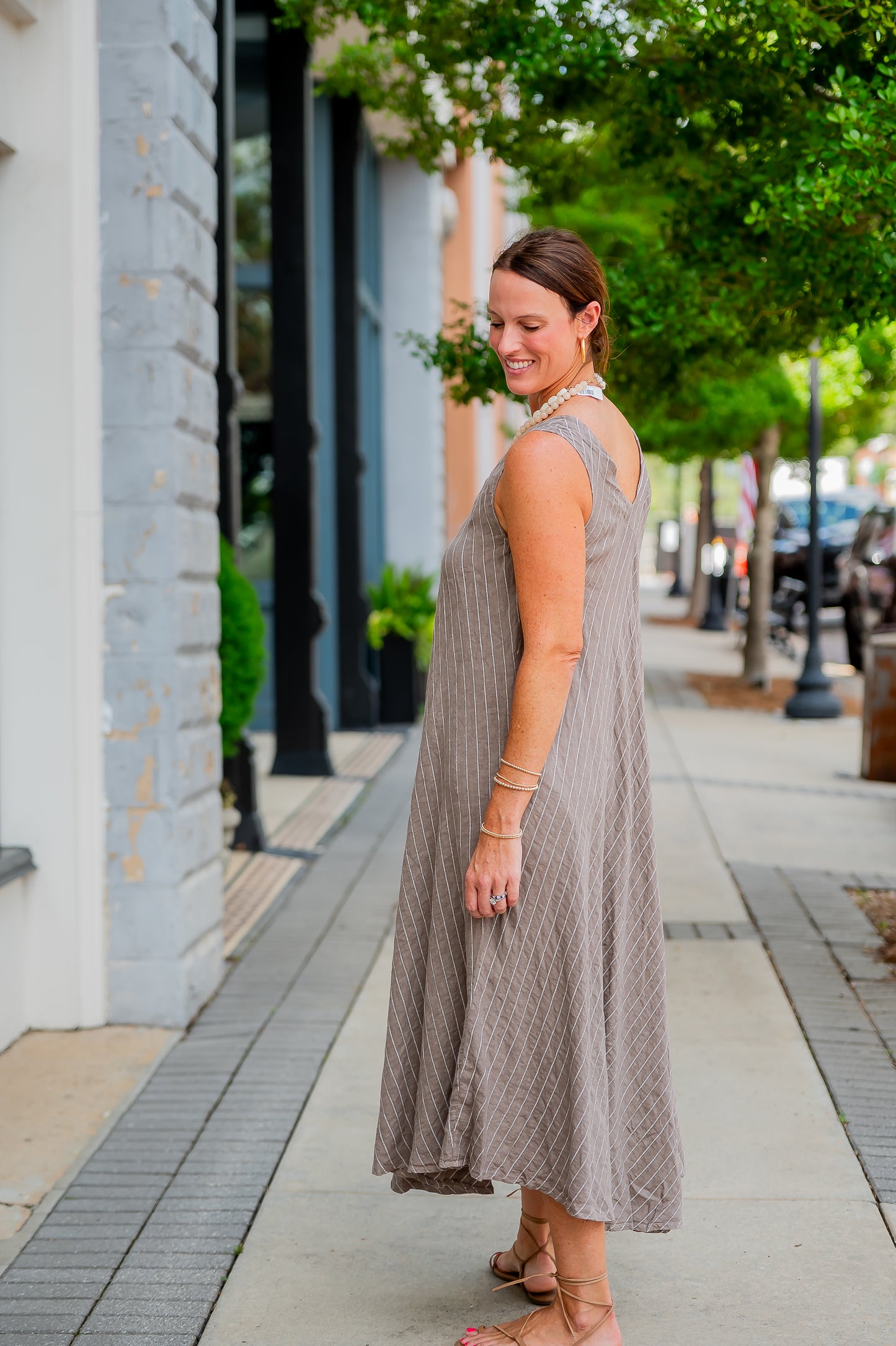 Mallorca Striped Linen Dress-Mocha/White