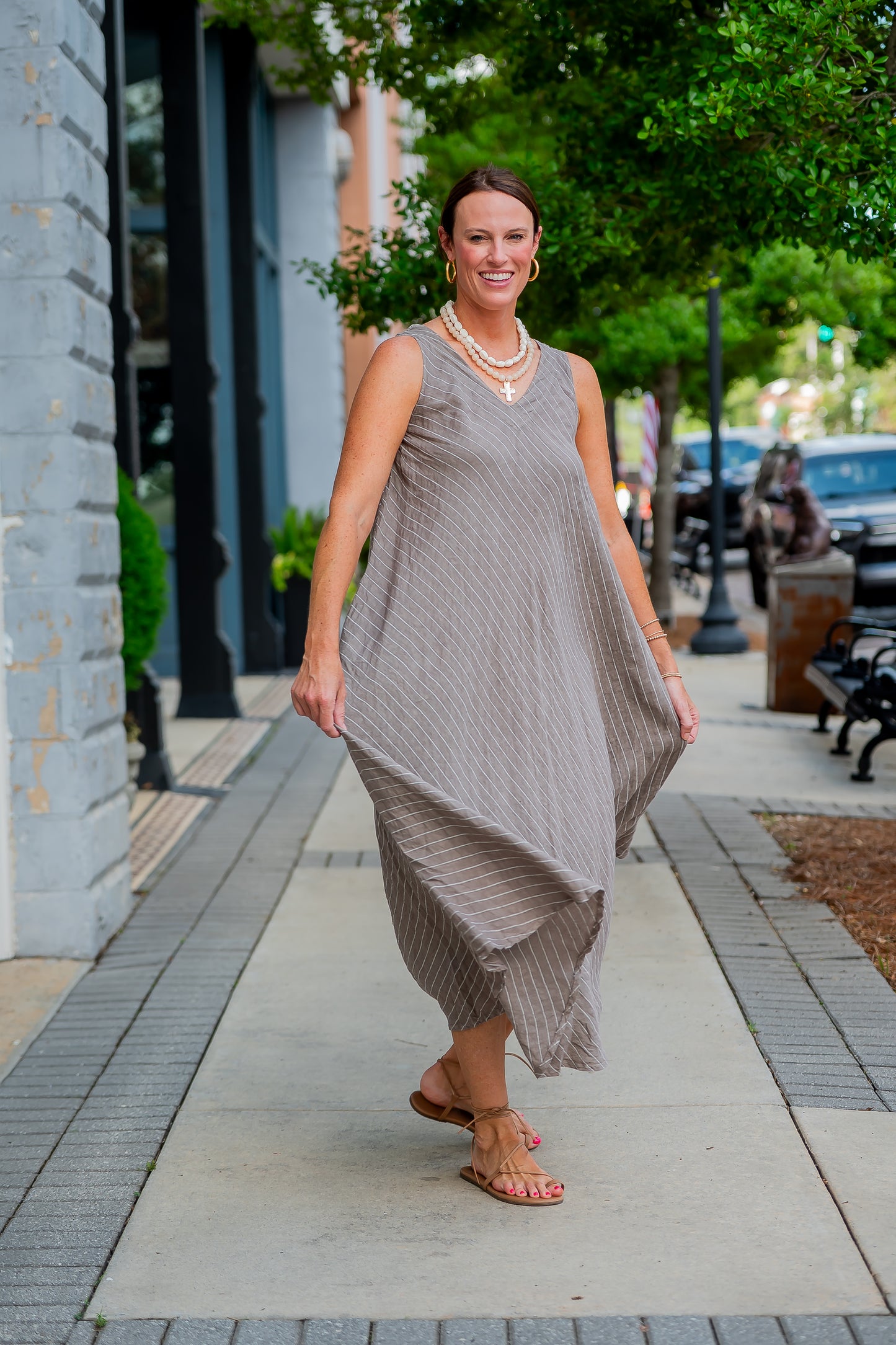 Mallorca Striped Linen Dress-Mocha/White