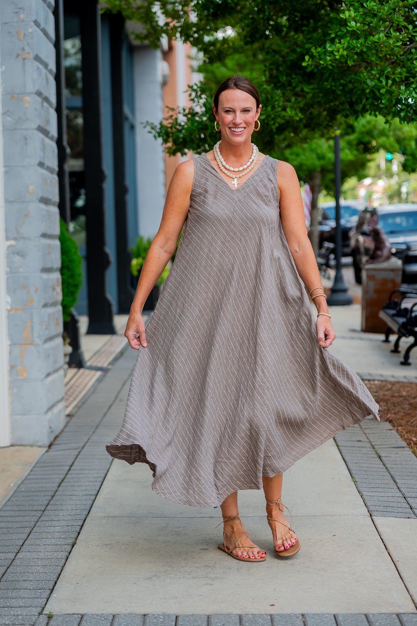 Mallorca Striped Linen Dress-Mocha/White