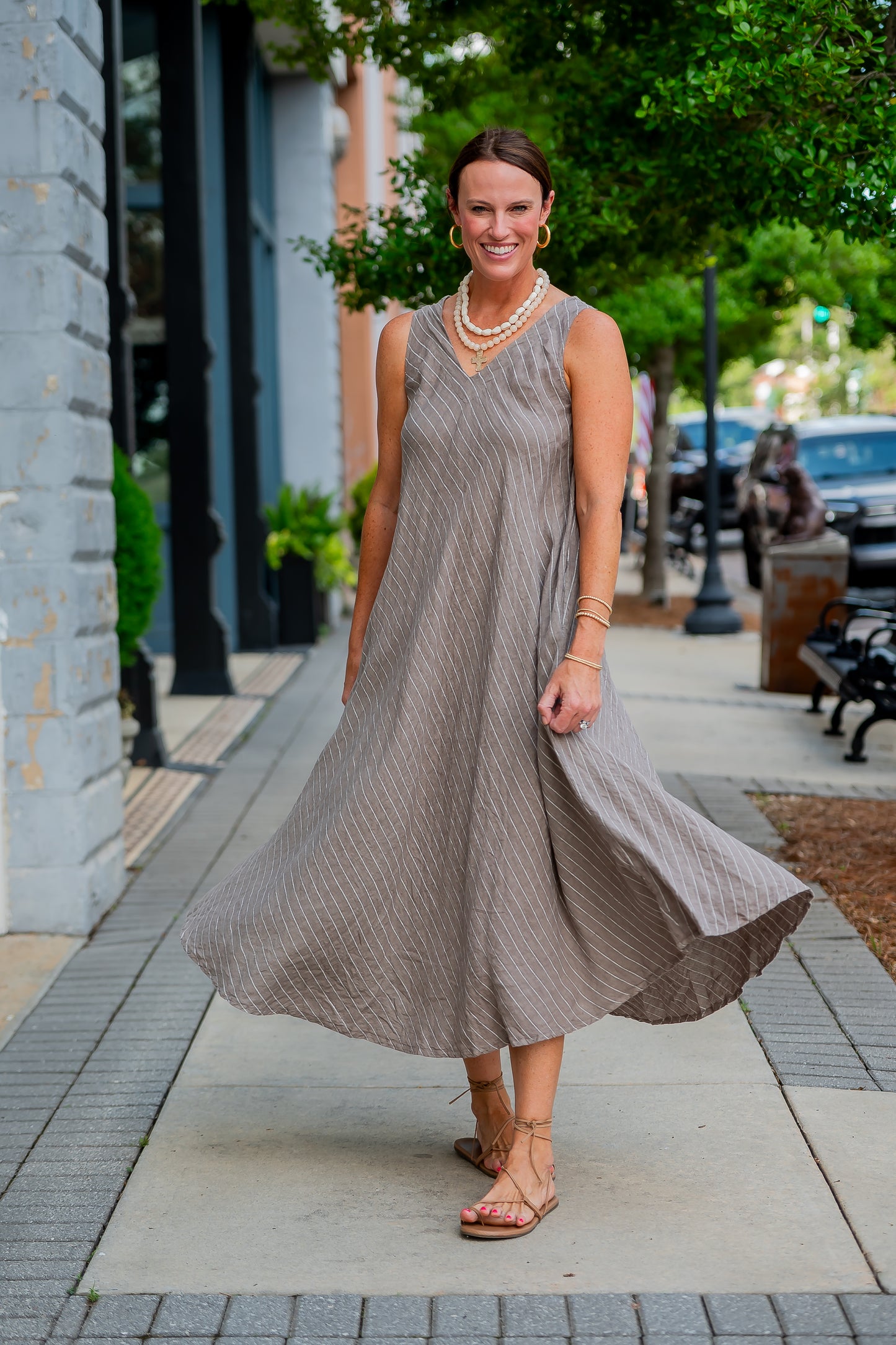Mallorca Striped Linen Dress-Mocha/White