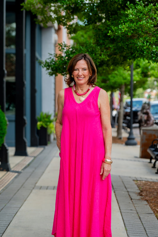 Mallorca V-Back Linen Dress-Fuchsia