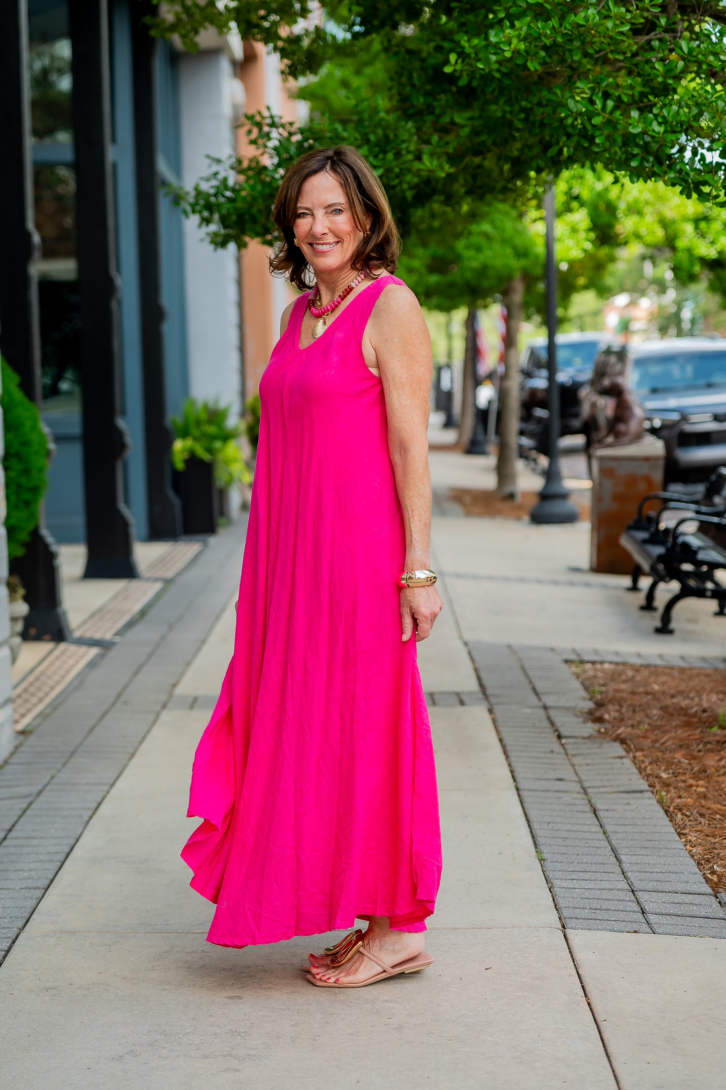Mallorca V-Back Linen Dress-Fuchsia