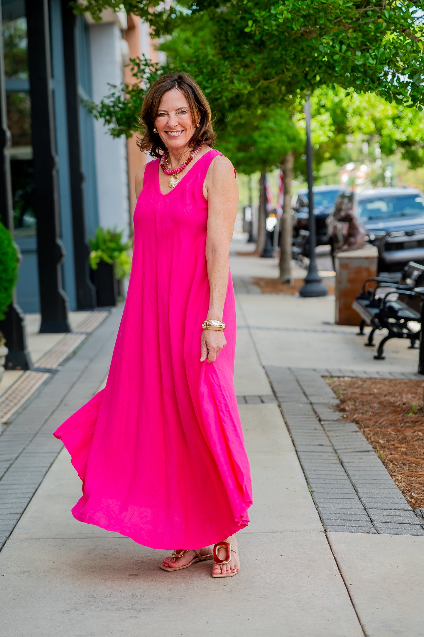 Mallorca V-Back Linen Dress-Fuchsia