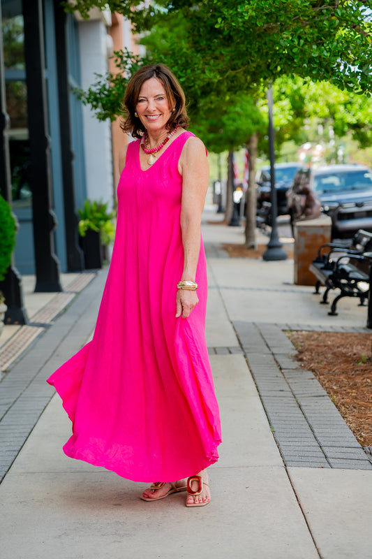 Mallorca V-Back Linen Dress-Fuchsia