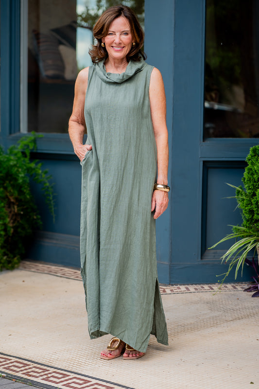 Cannes Linen Dress-Army Green