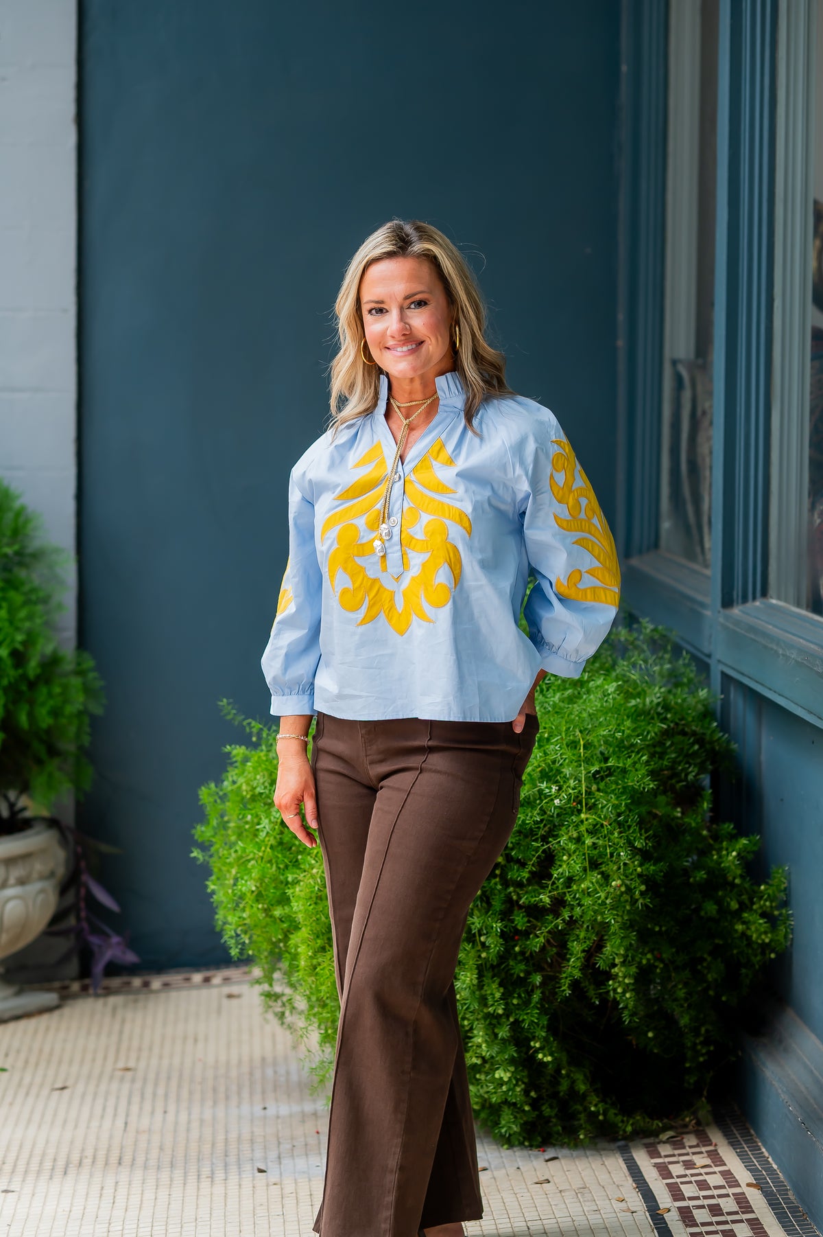 Emerson Applique Top-Blue/Mustard