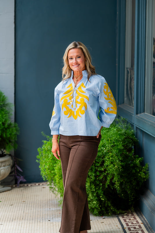 Emerson Applique Top-Blue/Mustard
