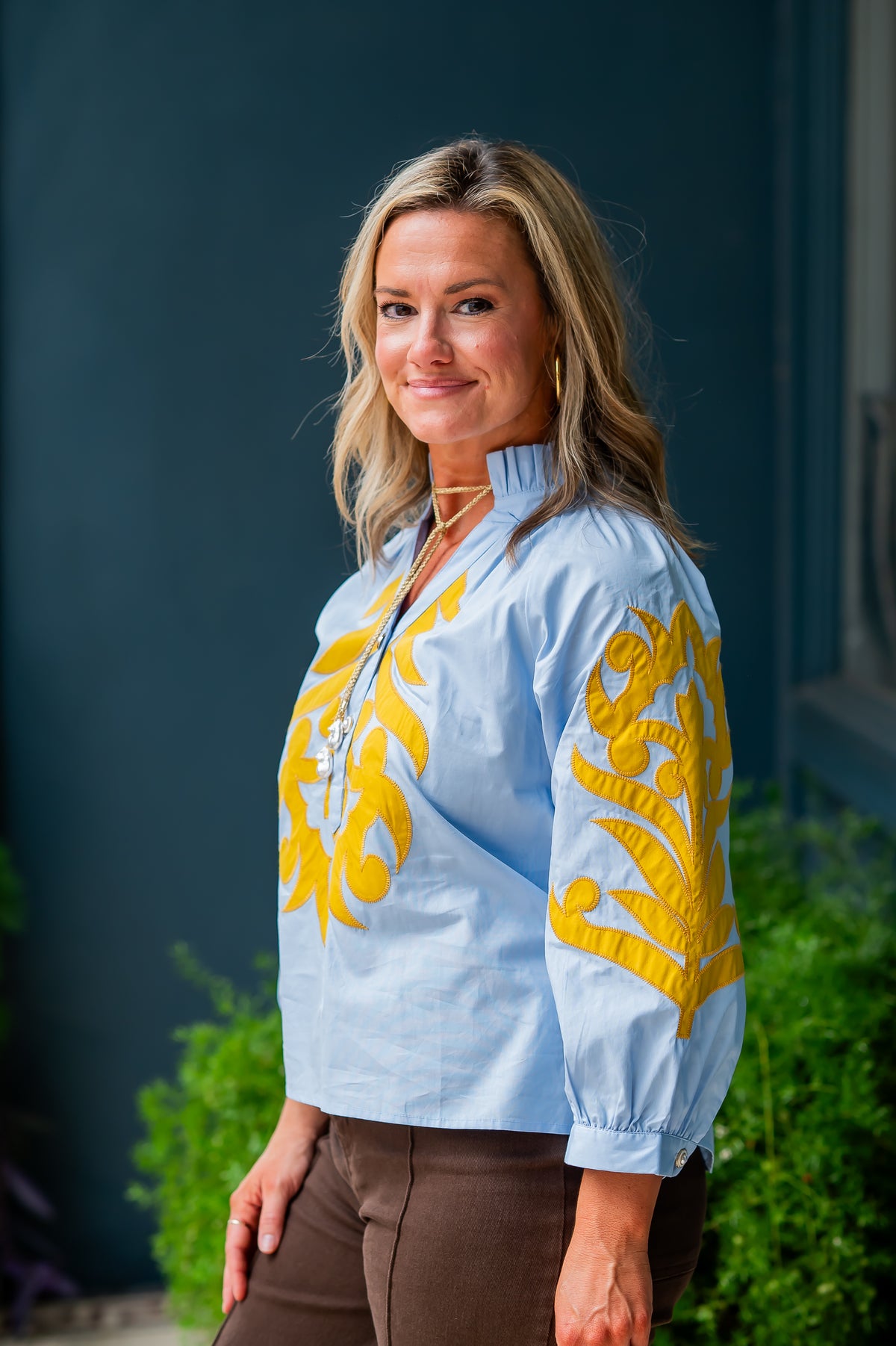 Emerson Applique Top-Blue/Mustard