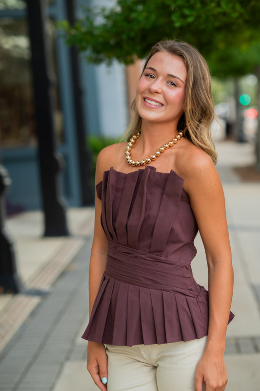 Graylee Pleated Top-Chocolate