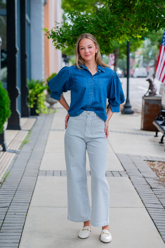 Patch Pocket Wide Leg Jeans- Navy Stripe