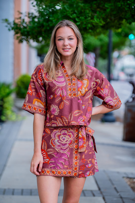 Xena Botanical Top-Terracotta