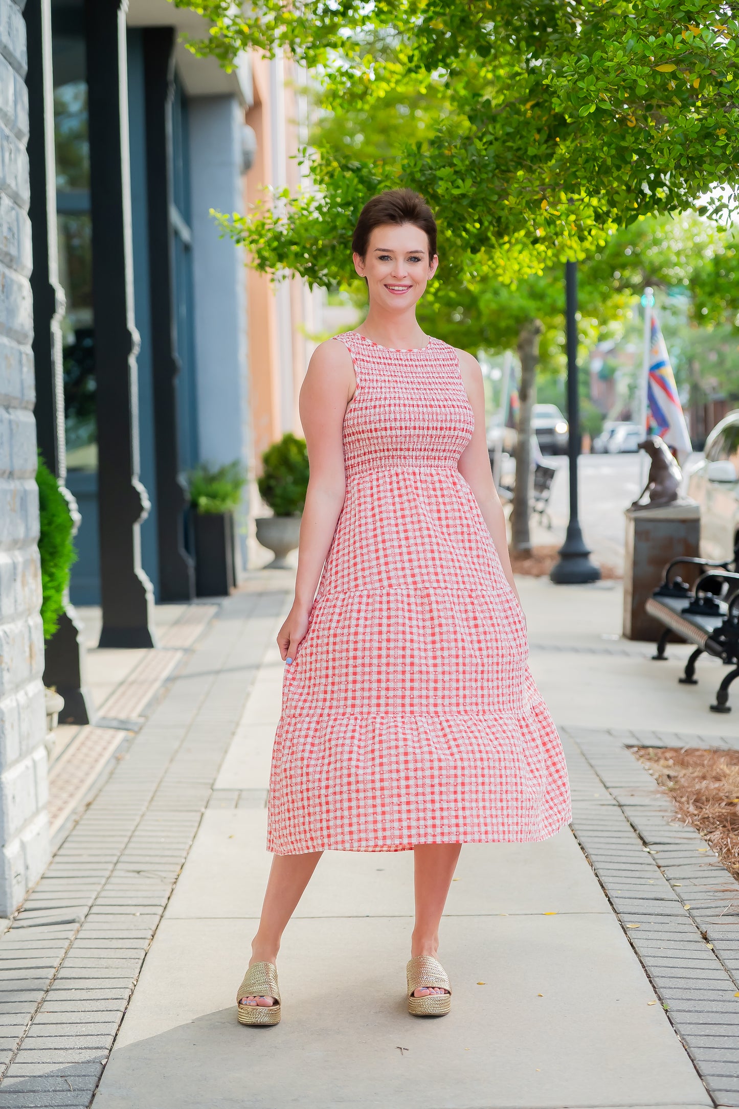 Lois Sleeveless Gingham Print Dress-Red