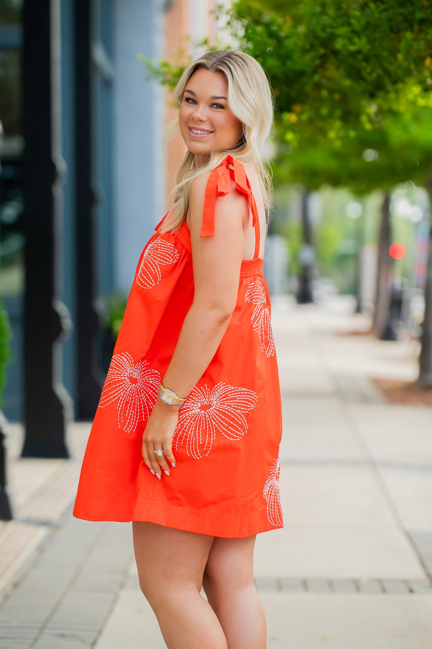 Ruelle Embroidered Tie Shoulder Dress