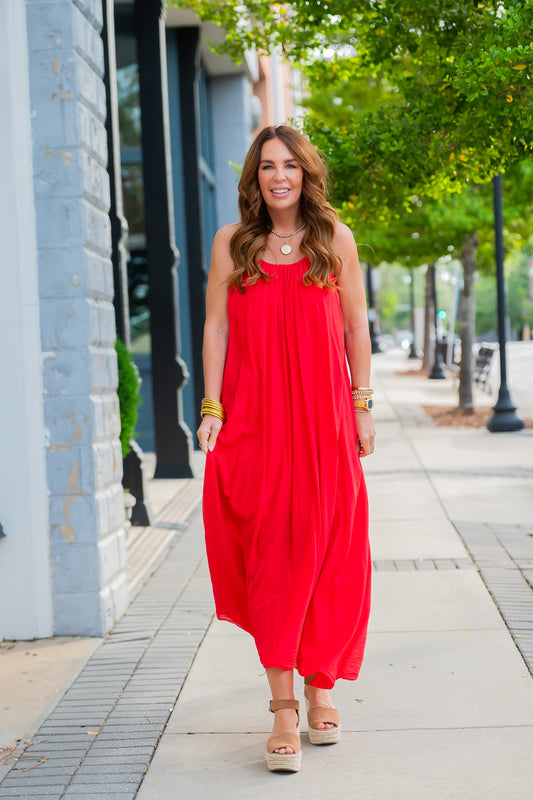 Cayman Textured Gauze Maxi Dress - Red