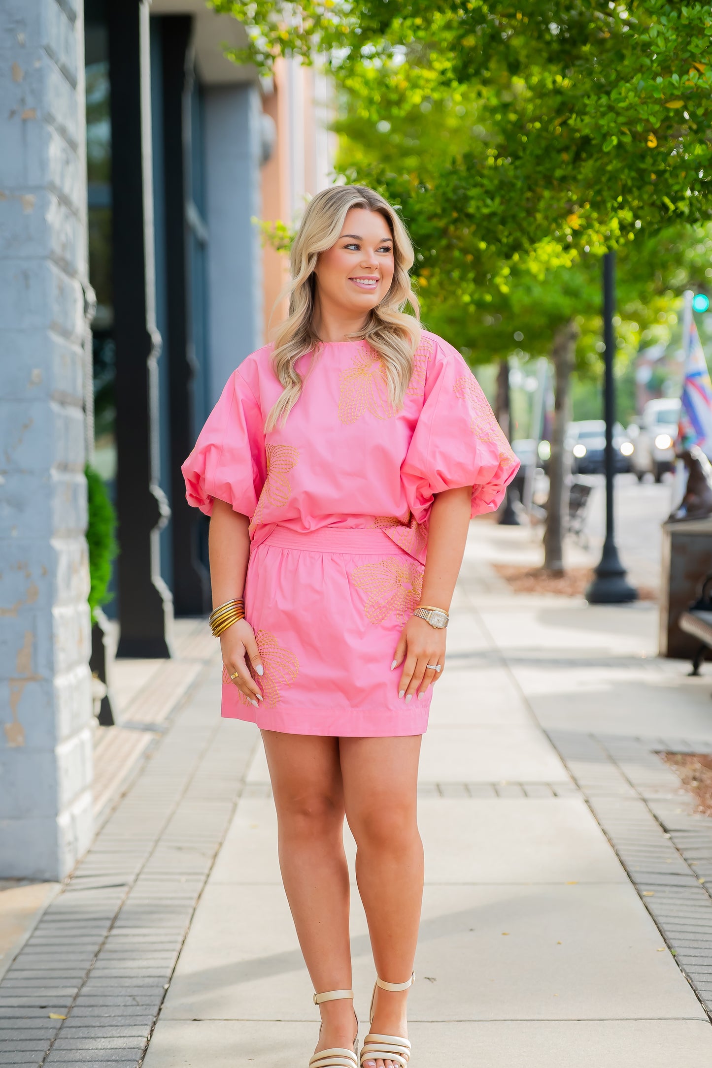 Peach Floral Embroidered Smocked Waist Skort