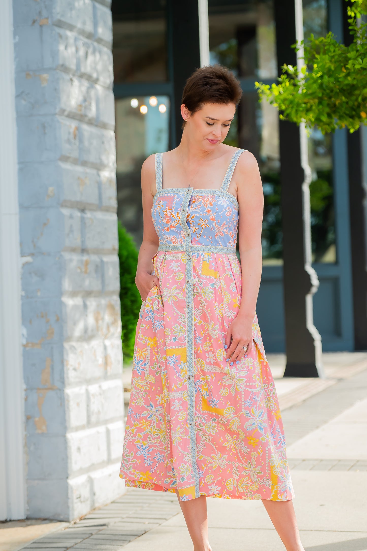 Kira Button Down Tape Trim Midi Dress