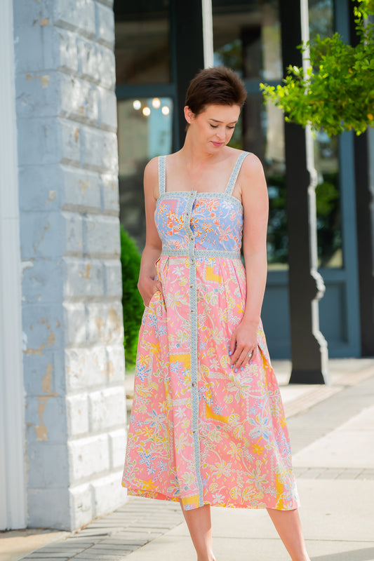 Kira Button Down Tape Trim Midi Dress