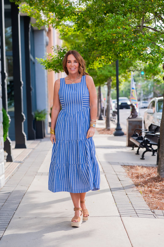 Danbury Halter Striped Tiered Maxi Dress
