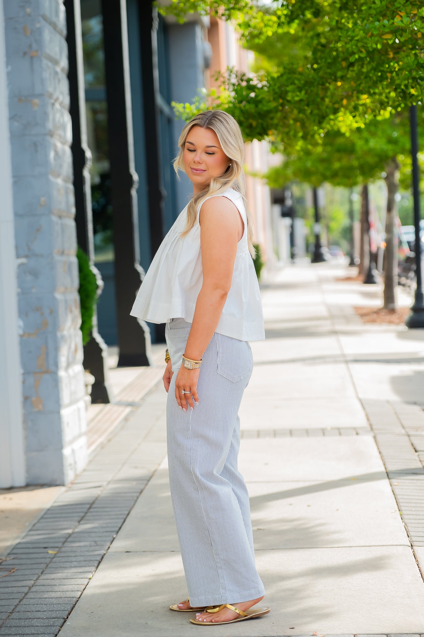 Patch Pocket Wide Leg Jeans- Navy Stripe