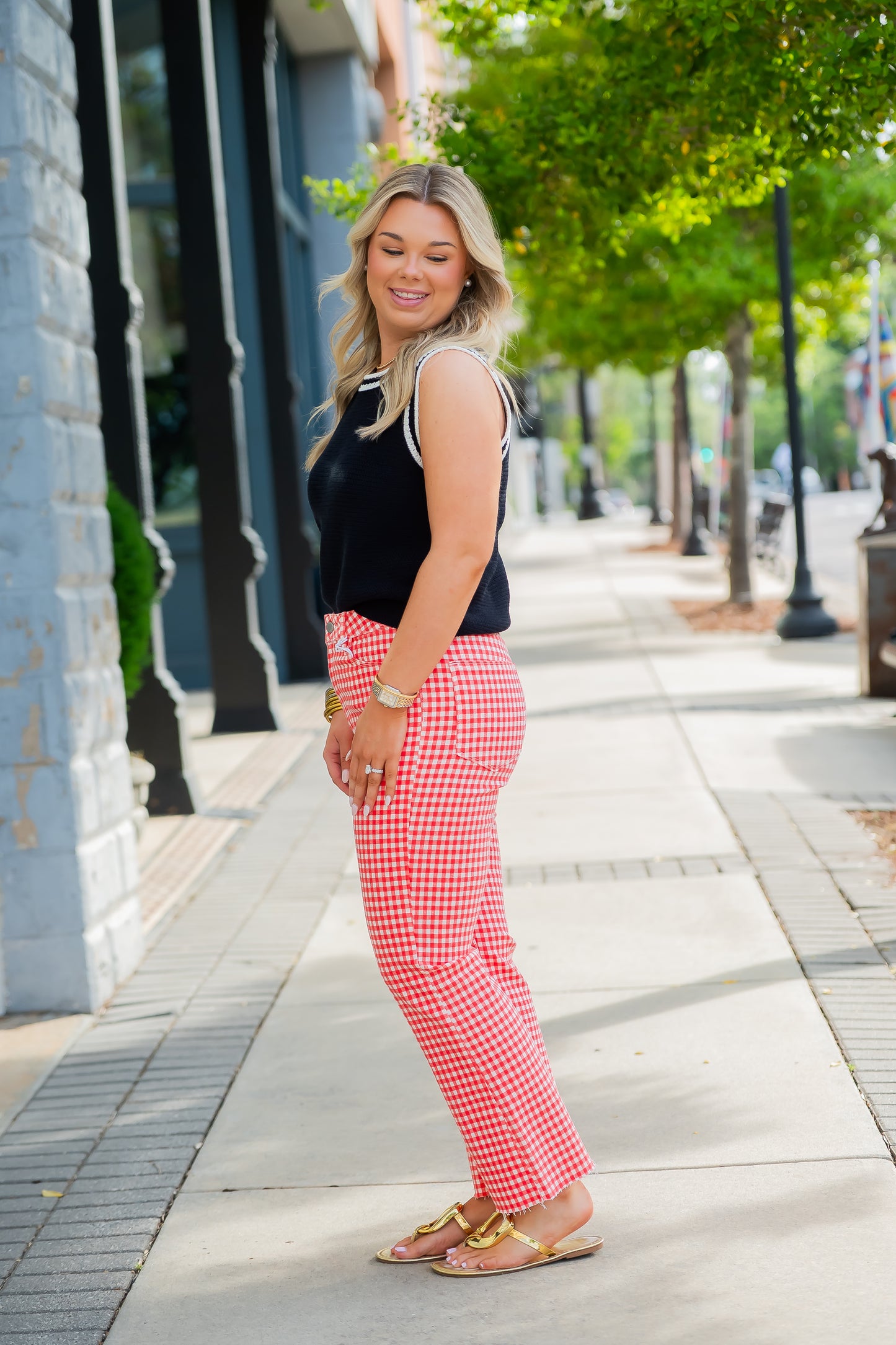 Victoria Crop Flare Jeans-Red Gingham