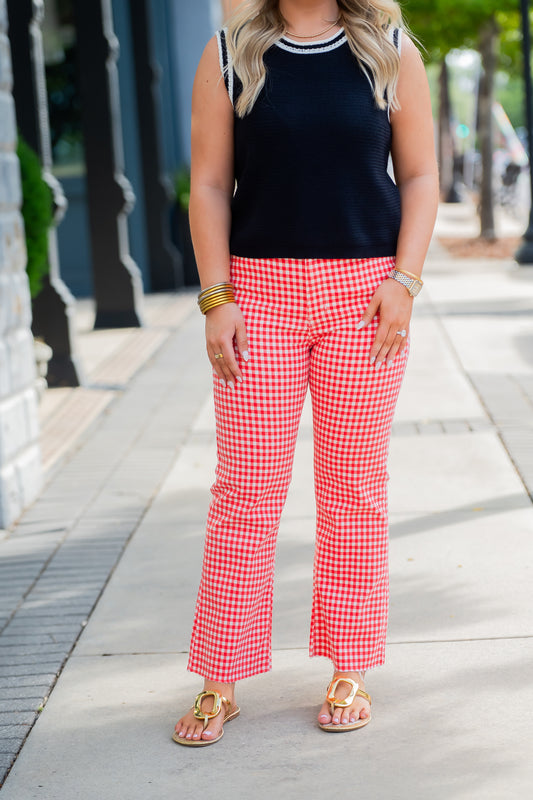 Victoria Crop Flare Jeans-Red Gingham