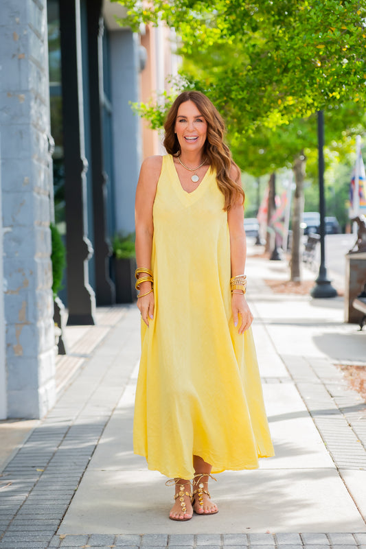 Mallorca V-Back Linen Dress - Sunshine