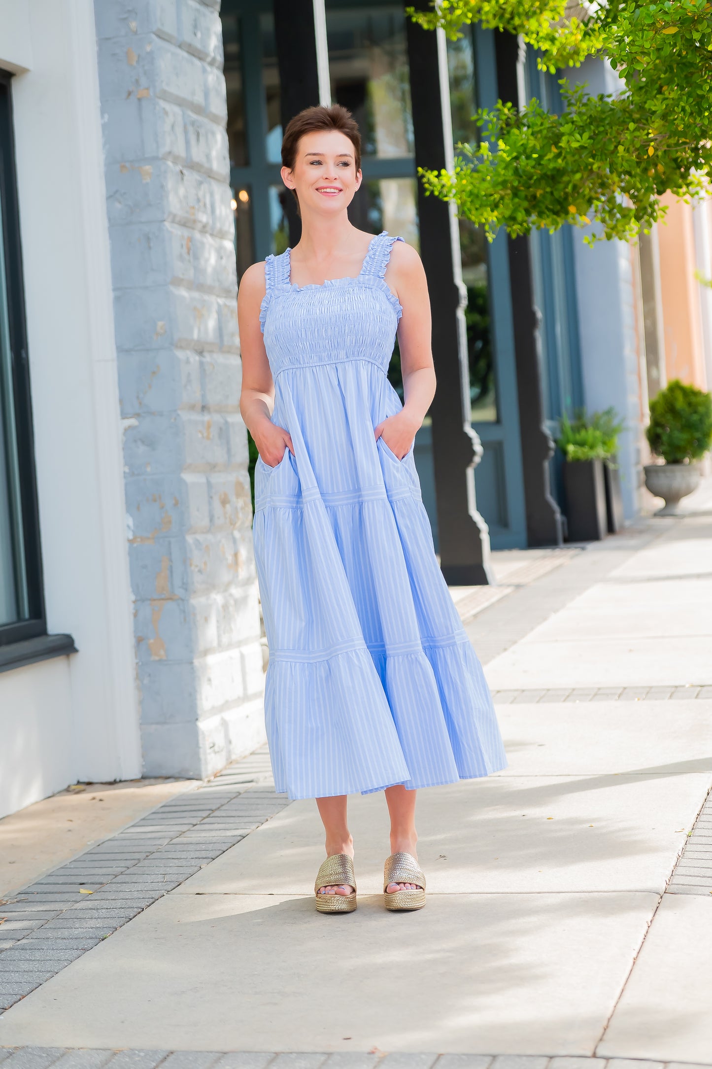 Simsbury Striped Smocked Midi Dress