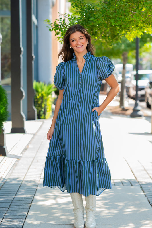 Cora Stripe Dress-H Green/Blue