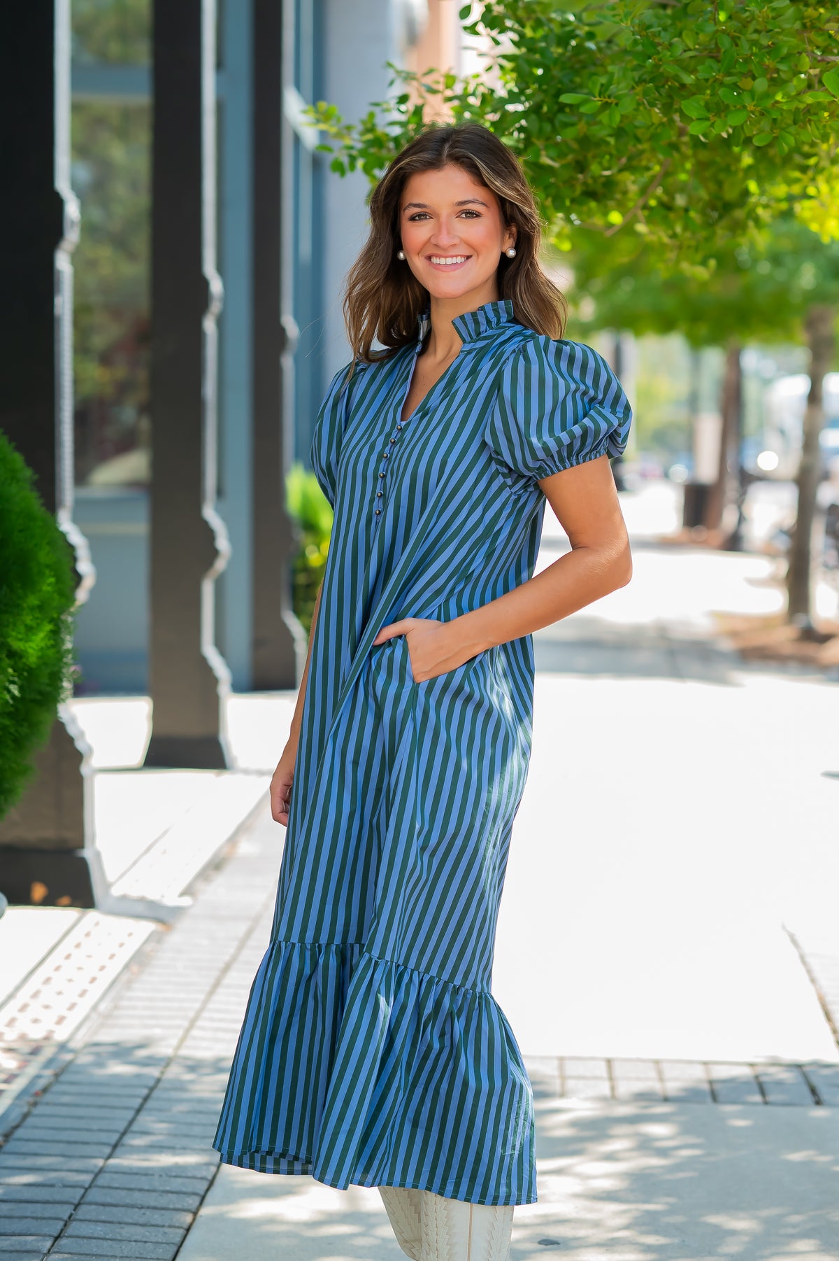 Cora Stripe Dress-H Green/Blue