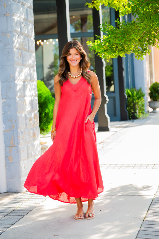 Mallorca Linen Dress-Red