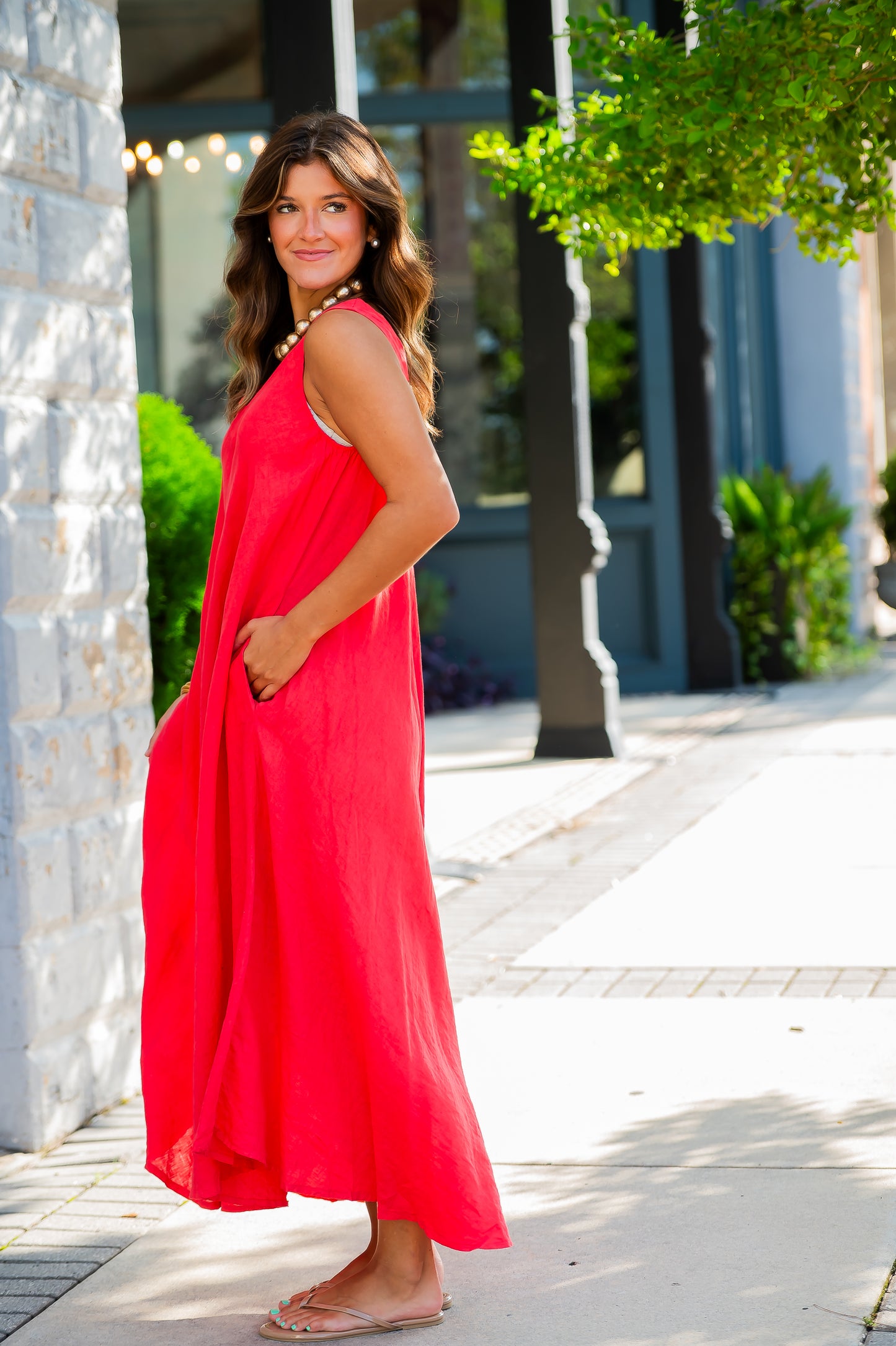 Mallorca Linen Dress-Red