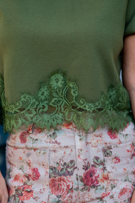 Norma Lace Trim Top-Olive