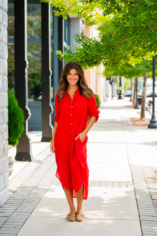 Livia Linen Dress-Red