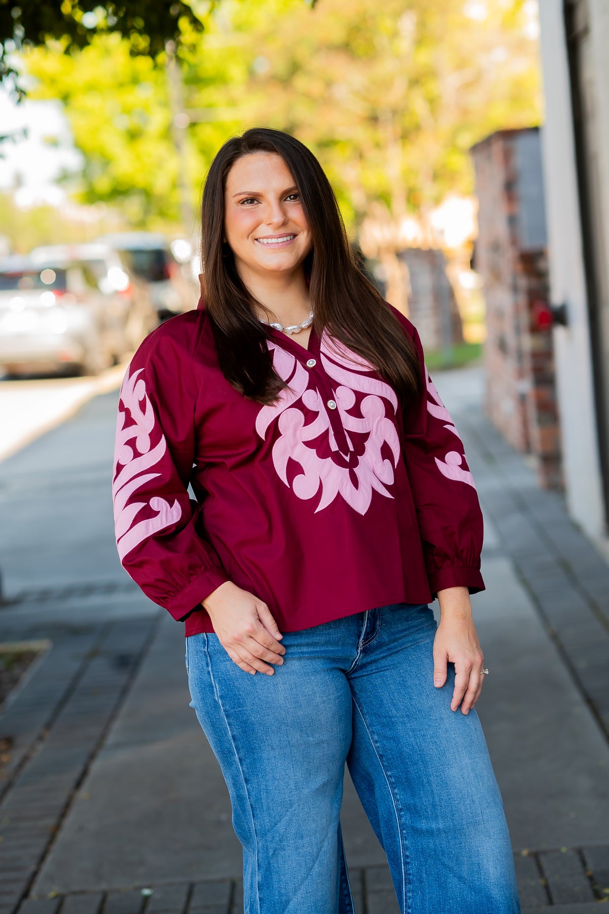 Emerson Applique Top-Burgundy/Pink