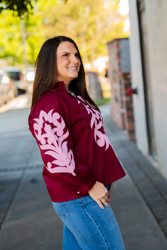 Emerson Applique Top-Burgundy/Pink