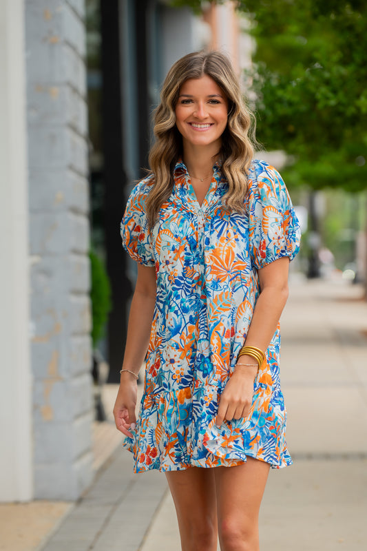 Jasmine Floral Pintuck Dress-Blue