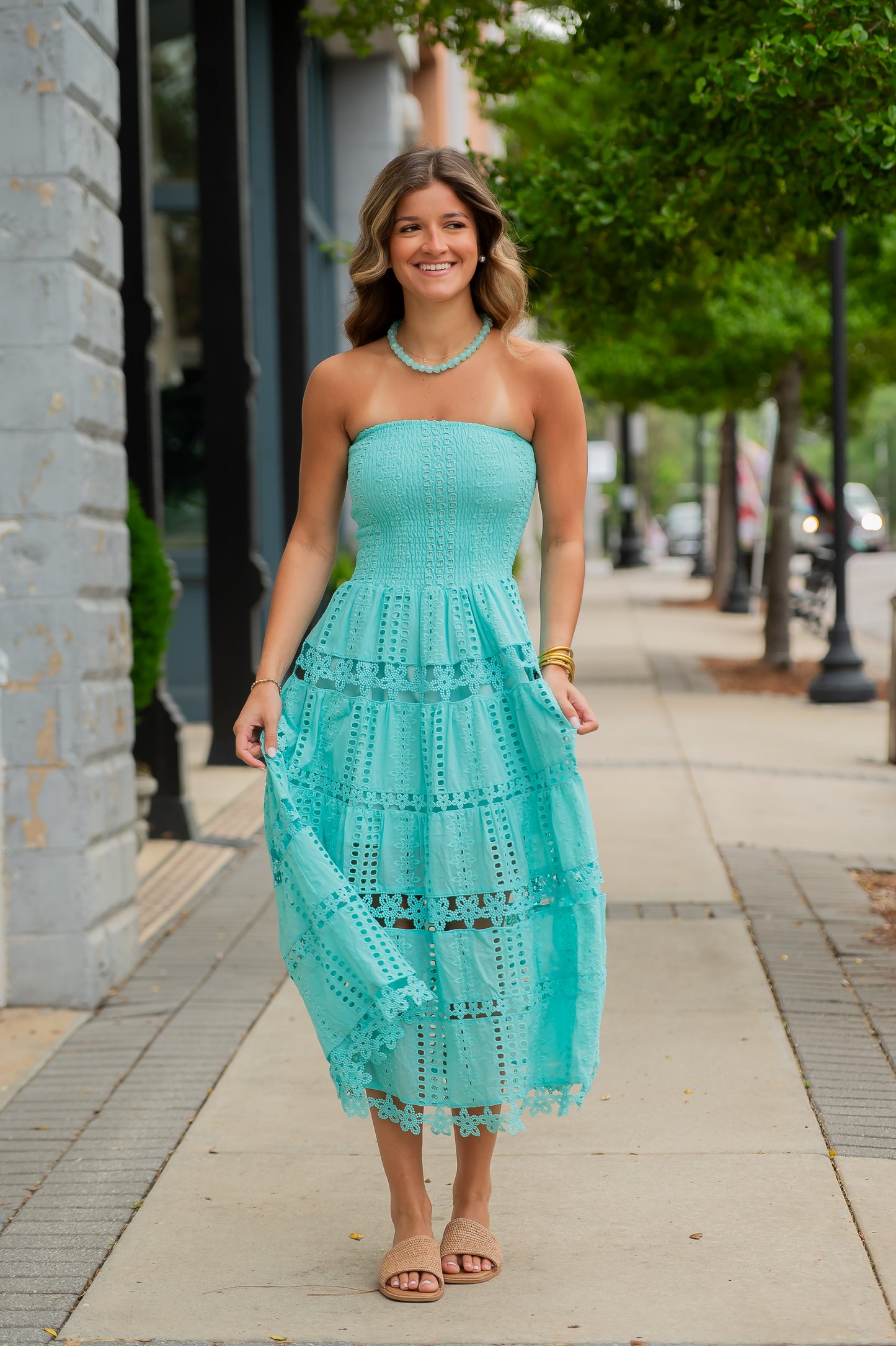York City Eyelet Lace Strapless Dress