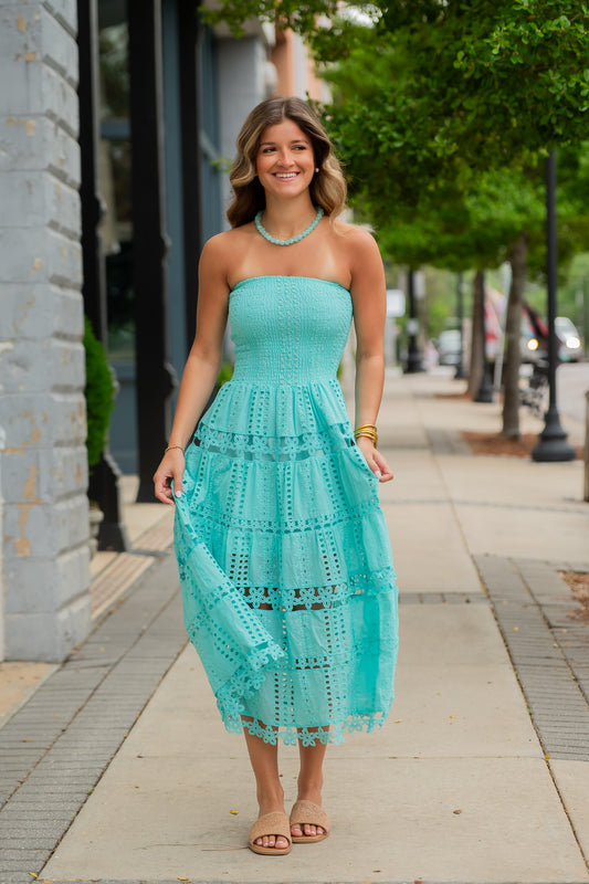 York City Eyelet Lace Strapless Dress