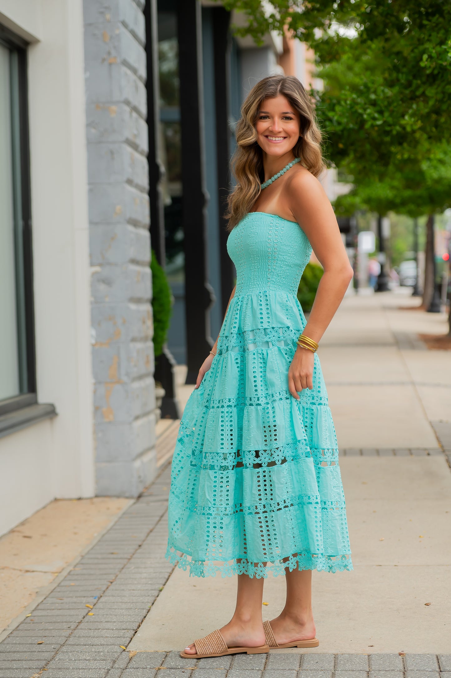 York City Eyelet Lace Strapless Dress