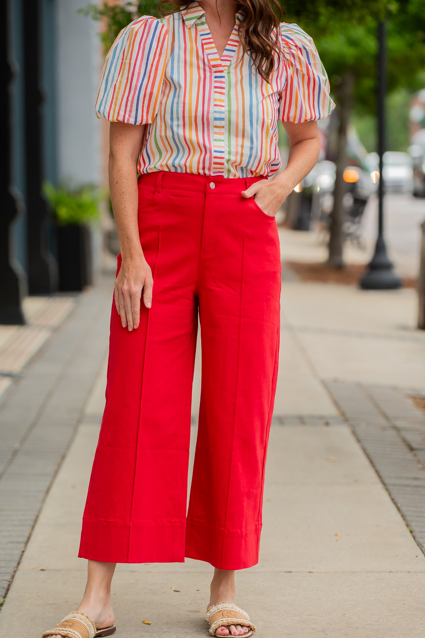 Solid Wide Leg Pants-Red