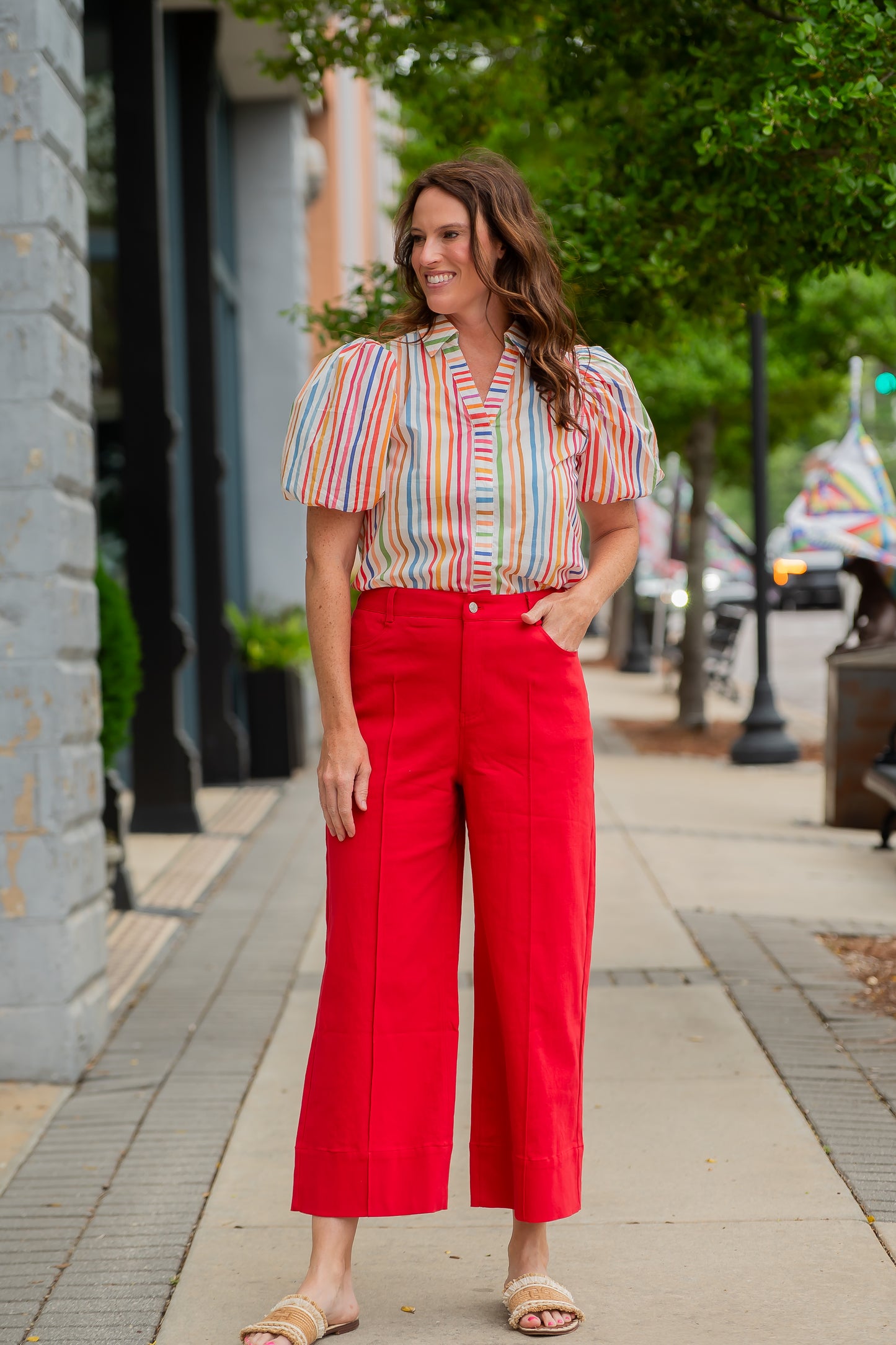 Solid Wide Leg Pants-Red