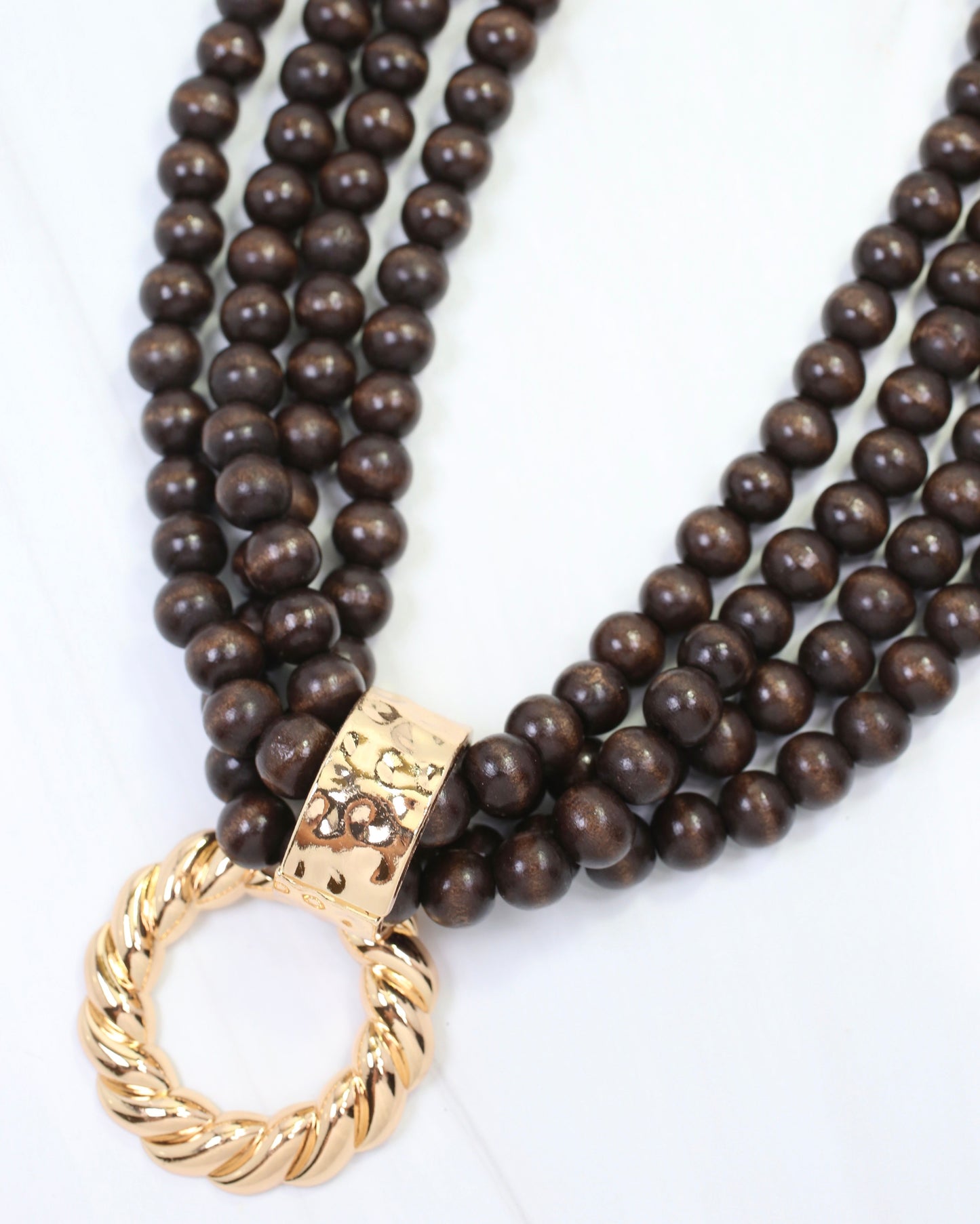 Margaux Wooden Bead Layered Necklace with Pendant Dark Brown