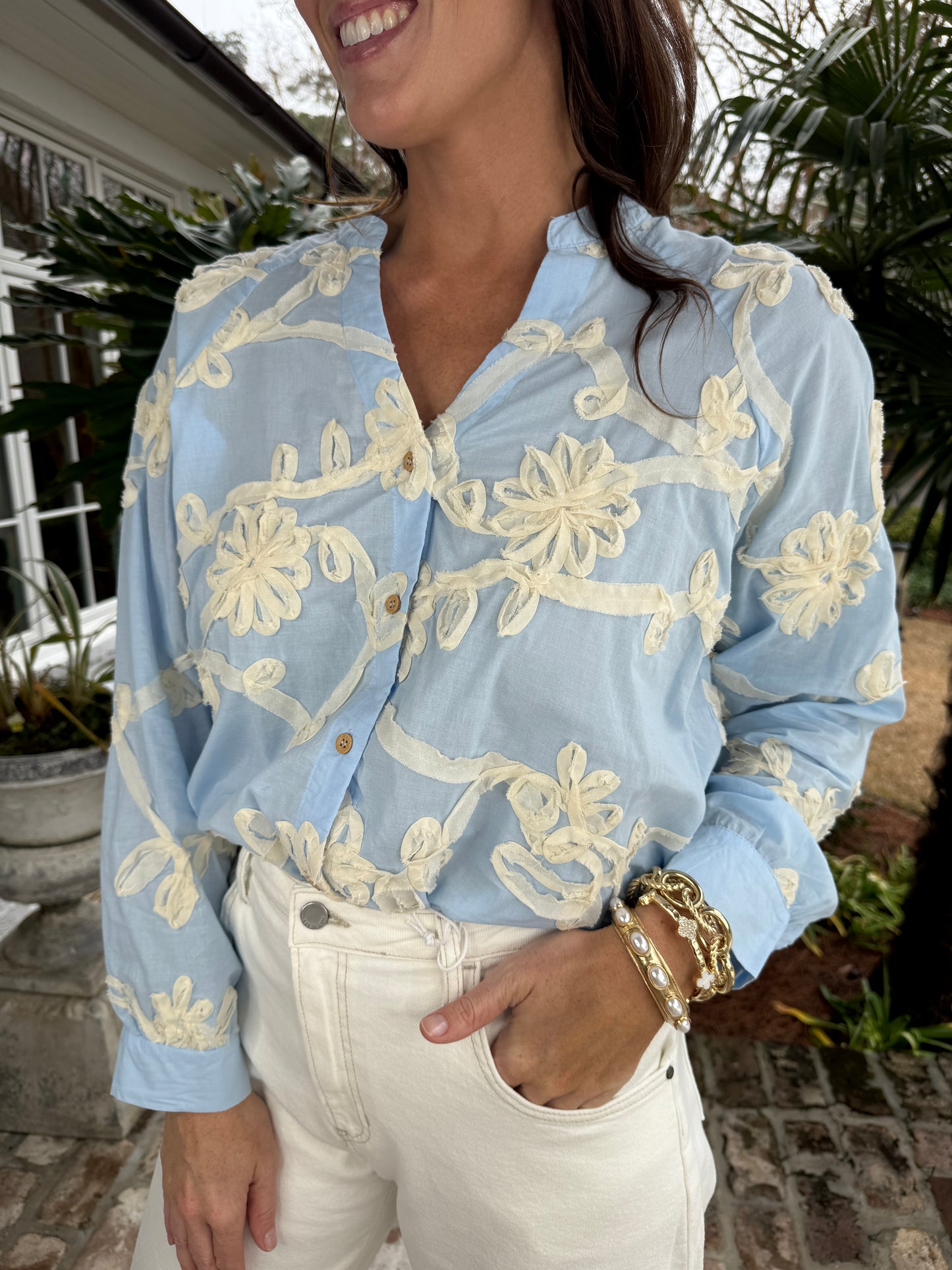 Feeling Blue Floral Applique Top