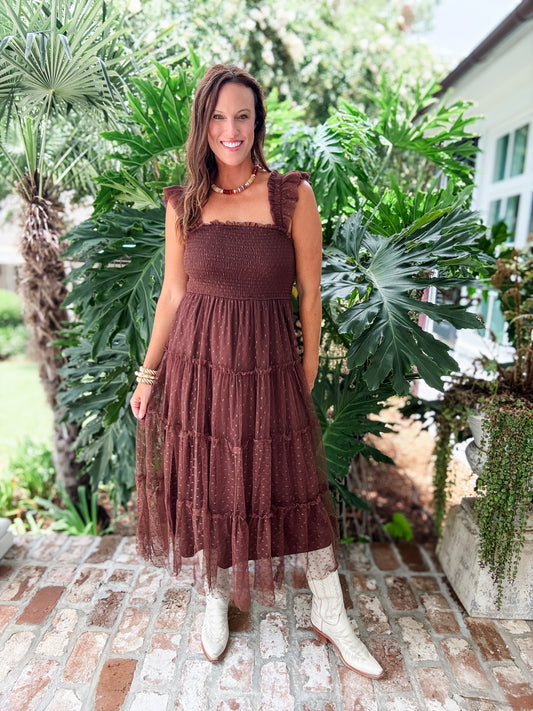 Rowan Dotted Midi Dress- Brown
