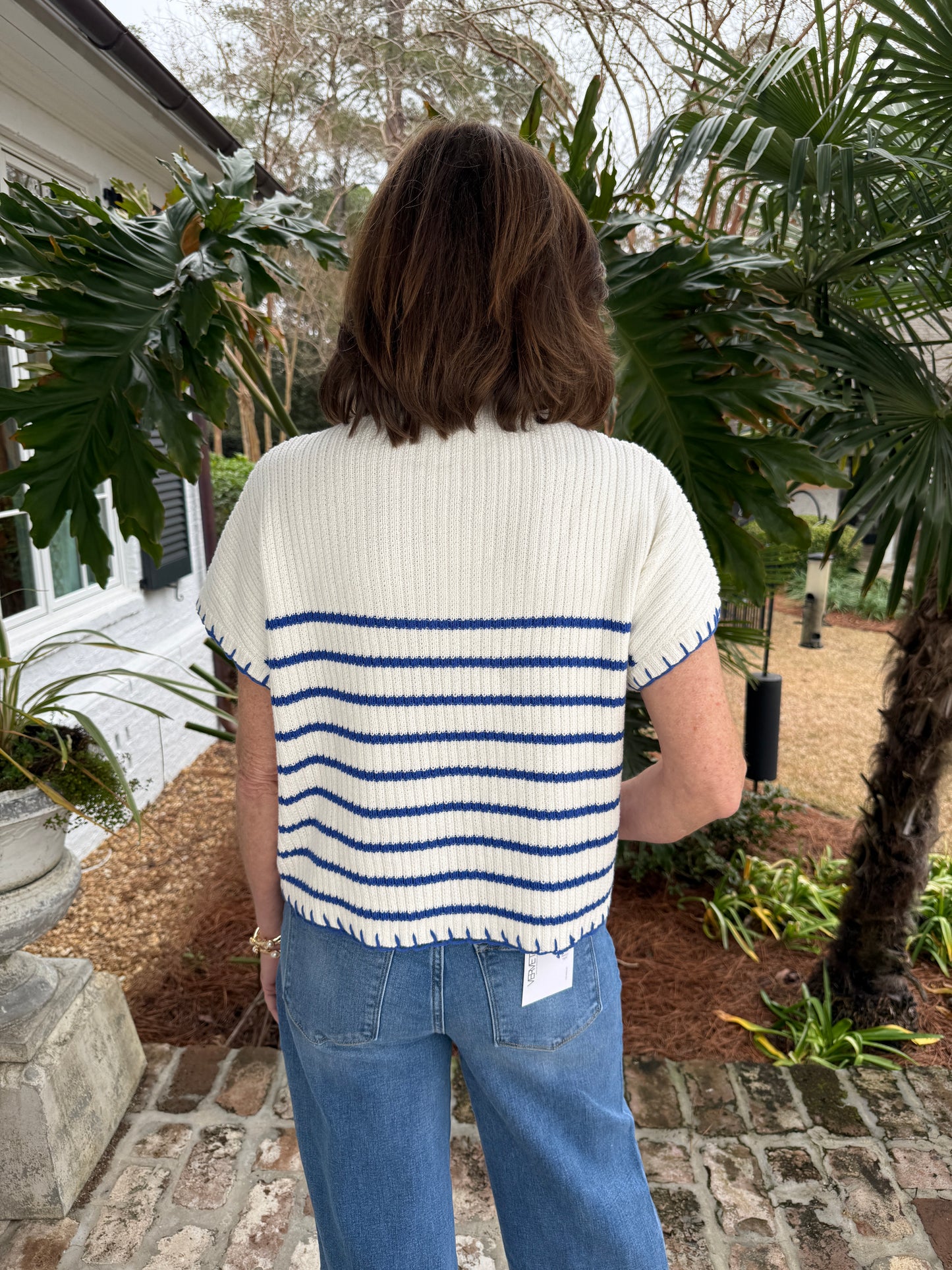 Becca's White & Blue Striped Knit Short Sleeve Sweater